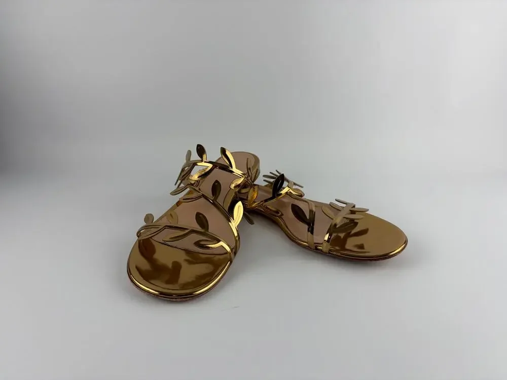 Gianvito Rossi Flavia Metallic Gold Leather Flat Leaf Sandals Size 39